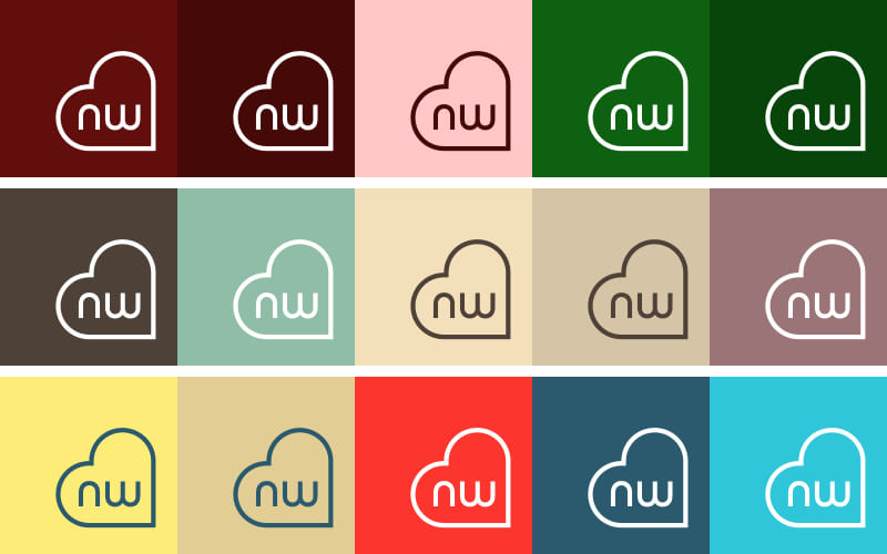 A tilted heart logo with NW inscribed, placed over various colors