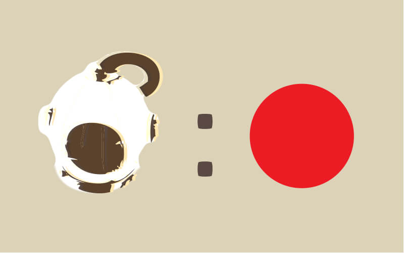 A vectorized illustration of an old-fashioned scuba diving helmet next to a big red dot